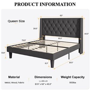 SHA CERLIN Queen Size Platform Bed Frame with Upholstered Headboard and Wingback, Button Tufted Design, Easy Assembly, Dark Grey
