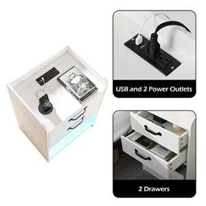 4 EVER WINNER Nightstand Set of 2 LED Light Nightstand with Charging Station, End Table with 2 Drawers for Bedroom, Bedside Table with Power Outlets & USB Ports, White