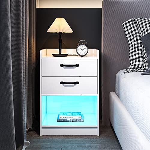 4 EVER WINNER Nightstand Set of 2 LED Light Nightstand with Charging Station, End Table with 2 Drawers for Bedroom, Bedside Table with Power Outlets & USB Ports, White