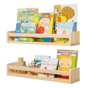 fun memories nursery book shelves set of 2 - rustic natural solid wood floating bookshelf for kids - wall book shelves kitchen spice rack for kids room, home decor - natural wood - 24 inch