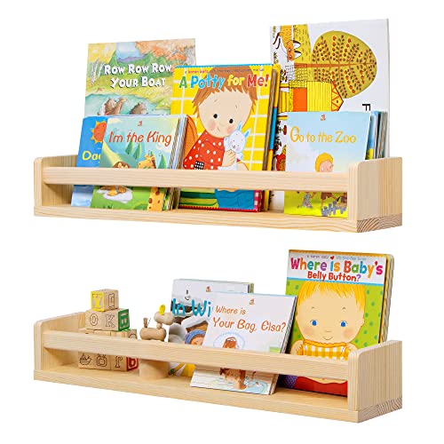 Fun Memories Nursery Book Shelves Set of 2 - Rustic Natural Solid Wood Floating Bookshelf for Kids - Wall Book Shelves Kitchen Spice Rack for Kids Room, Home Decor - Natural Wood - 24 Inch