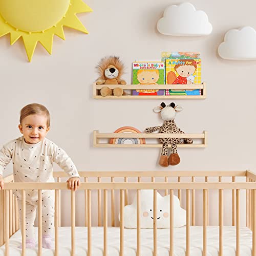 Fun Memories Nursery Book Shelves Set of 2 - Rustic Natural Solid Wood Floating Bookshelf for Kids - Wall Book Shelves Kitchen Spice Rack for Kids Room, Home Decor - Natural Wood - 24 Inch