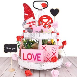 cakka valentines day tiered tray decor, 11 pcs red gnome pink xo love wooden sign writing board bead rose light, valentine's day table decor ornament for the home, valentines day decor decoration