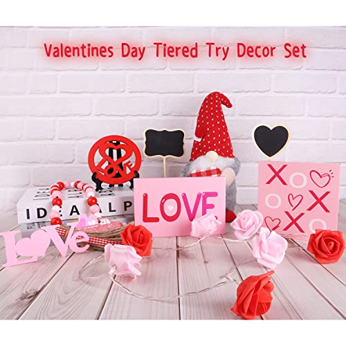 CAKKA Valentines Day Tiered Tray Decor, 11 PCS Red Gnome Pink XO Love Wooden Sign Writing Board Bead Rose Light, Valentine's Day Table Decor Ornament for The Home, Valentines Day Decor Decoration