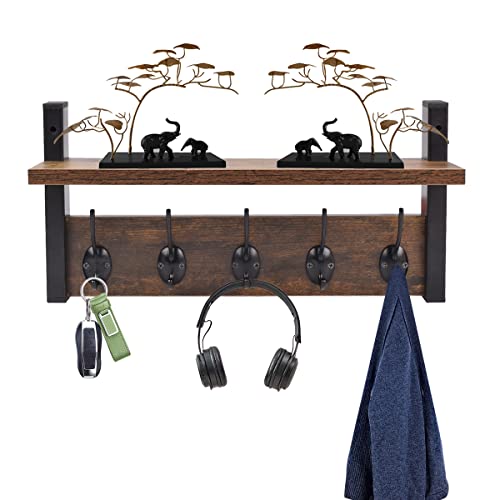 Dilyvoli Coat Hooks with Shelf Wall Mounted,Rustic Wood Entryway Shelf with 5 Metal Hooks,Hanging Shelf Mounted Coat Rack and Upper Shelf for Storage,Bathroom,Bedroom,Kitchen,Living Room,Mudroom