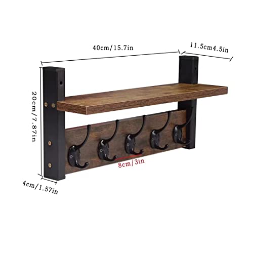 Dilyvoli Coat Hooks with Shelf Wall Mounted,Rustic Wood Entryway Shelf with 5 Metal Hooks,Hanging Shelf Mounted Coat Rack and Upper Shelf for Storage,Bathroom,Bedroom,Kitchen,Living Room,Mudroom