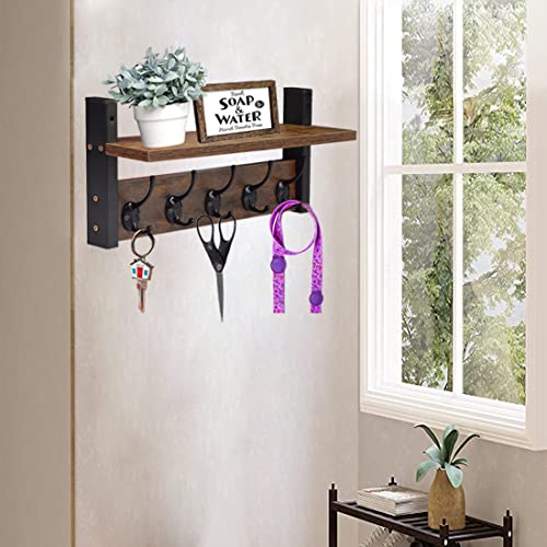 Dilyvoli Coat Hooks with Shelf Wall Mounted,Rustic Wood Entryway Shelf with 5 Metal Hooks,Hanging Shelf Mounted Coat Rack and Upper Shelf for Storage,Bathroom,Bedroom,Kitchen,Living Room,Mudroom