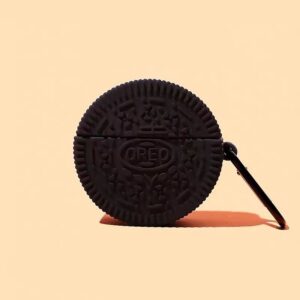 ultra thick soft silicone case with keychain hook for apple airpods pro chocolate cookie biscuit black color 3d food cartoon cool fun cute lovely high fashion unique creative girls kids