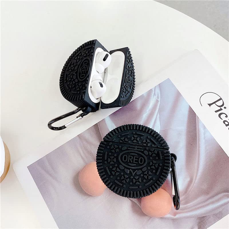 Ultra Thick Soft Silicone Case with Keychain Hook for Apple AirPods Pro Chocolate Cookie Biscuit Black Color 3D Food Cartoon Cool Fun Cute Lovely High Fashion Unique Creative Girls Kids