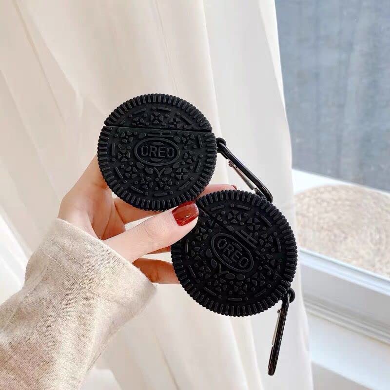 Ultra Thick Soft Silicone Case with Keychain Hook for Apple AirPods Pro Chocolate Cookie Biscuit Black Color 3D Food Cartoon Cool Fun Cute Lovely High Fashion Unique Creative Girls Kids