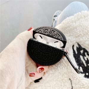 Ultra Thick Soft Silicone Case with Keychain Hook for Apple AirPods Pro Chocolate Cookie Biscuit Black Color 3D Food Cartoon Cool Fun Cute Lovely High Fashion Unique Creative Girls Kids