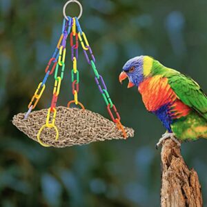 Mipcase 4pcs Cockatiel Chew Natural Perch Chewing Hammock Birdcage with Toys Hanging Cage Wall Bite Mat Parrot Budgerigars Conures Swing Foraging Net Lovebirds Seagrass for