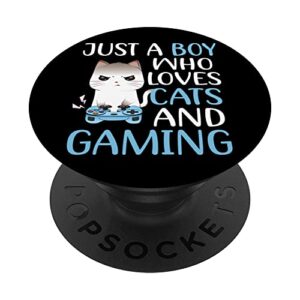 just a boy who loves cats and gaming boys gamer cat funny popsockets swappable popgrip