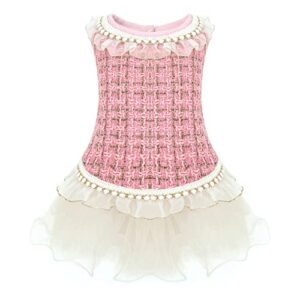 dog plaid dress lace tulle tutu princess skirt with pearls accessory for small girl dogs christmas holiday wedding birthday party (pink, s)