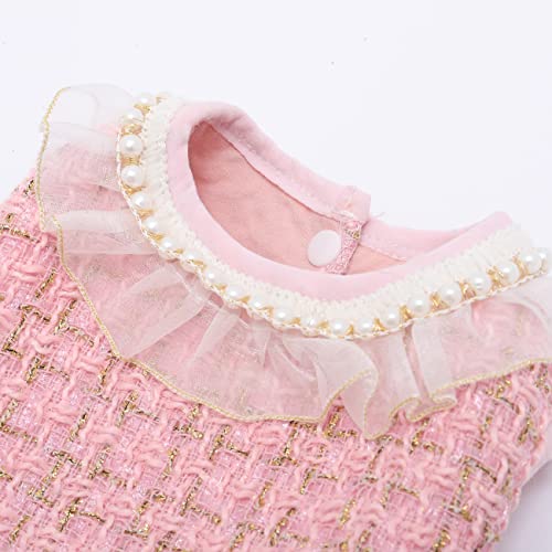 Dog Plaid Dress Lace Tulle Tutu Princess Skirt with Pearls Accessory for Small Girl Dogs Christmas Holiday Wedding Birthday Party (Pink, S)