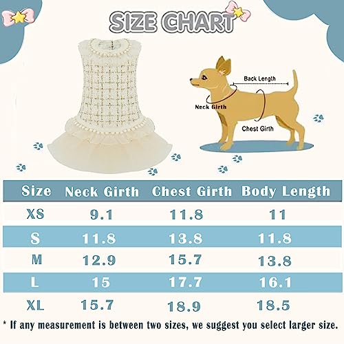 Dog Plaid Dress Lace Tulle Tutu Princess Skirt with Pearls Accessory for Small Girl Dogs Christmas Holiday Wedding Birthday Party (White, M)