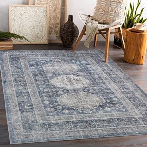 comicomi washable rug 5x7 - antique distressed 5x7 area rugs, ultra thin rugs for living room, vintage tribal bedroom rugs(blue/grey, 5'x7')