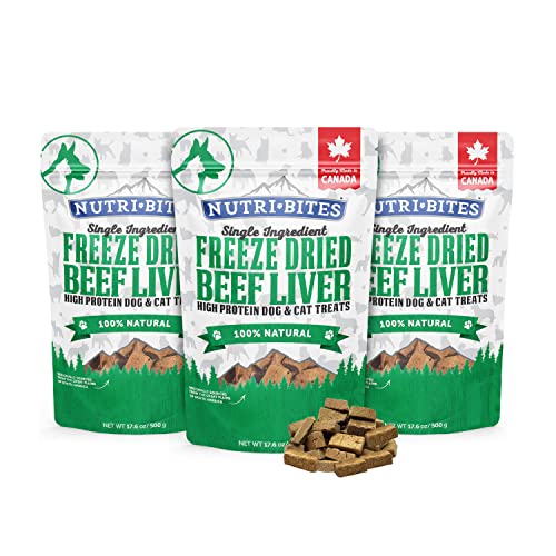 Nutri Bites Freeze Dried Liver Treats for Dogs & Cats - High-Protein Single Ingredient Freeze Dried Dog Treats, Beef Liver - Grain Free, Easy to Digest - Proudly Made in Canada - 500g / 17.6oz (3pk)