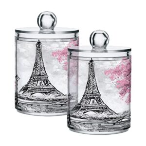 xigua 2 pack qtip holder dispenser eiffel tower pink tree 10 oz bathroom organizer with lids storage canister for cotton ball,cotton swab,cotton round pads,floss