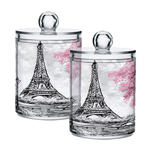 xigua 2 Pack Qtip Holder Dispenser Eiffel Tower Pink Tree 10 Oz Bathroom Organizer with Lids Storage Canister for Cotton Ball,Cotton Swab,Cotton Round Pads,Floss