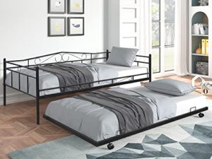 tensun twin size daybed with trundle,metal bed frame for bedroom living room, heavy duty steel slat support, no spring box needed
