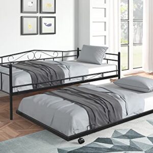 Tensun Twin Size Daybed with Trundle,Metal Bed Frame for Bedroom Living Room, Heavy Duty Steel Slat Support, No Spring Box Needed