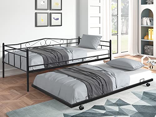 Tensun Twin Size Daybed with Trundle,Metal Bed Frame for Bedroom Living Room, Heavy Duty Steel Slat Support, No Spring Box Needed