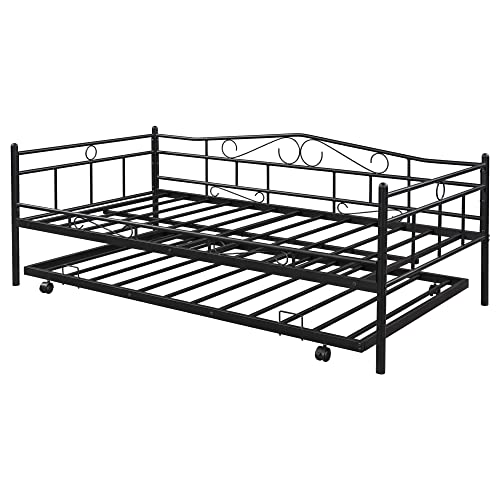 Tensun Twin Size Daybed with Trundle,Metal Bed Frame for Bedroom Living Room, Heavy Duty Steel Slat Support, No Spring Box Needed