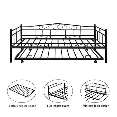 Tensun Twin Size Daybed with Trundle,Metal Bed Frame for Bedroom Living Room, Heavy Duty Steel Slat Support, No Spring Box Needed