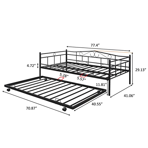 Tensun Twin Size Daybed with Trundle,Metal Bed Frame for Bedroom Living Room, Heavy Duty Steel Slat Support, No Spring Box Needed