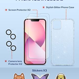 BERFY 5 in 1 for iPhone 13 Case Glitter, with 2X Screen Protector + 2X Camera Protector, [Not Yellowing] Sparkly Bling Shockproof Hard Back Slim Protective Phone Cover for Women, 6.1" (Glitter Clear)