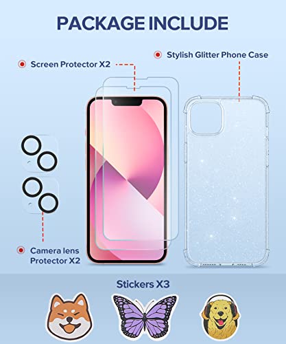 BERFY 5 in 1 for iPhone 13 Case Glitter, with 2X Screen Protector + 2X Camera Protector, [Not Yellowing] Sparkly Bling Shockproof Hard Back Slim Protective Phone Cover for Women, 6.1" (Glitter Clear)