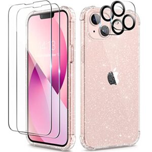 berfy 5 in 1 for iphone 13 case glitter, with 2x screen protector + 2x camera protector, [not yellowing] sparkly bling shockproof hard back slim protective phone cover for women, 6.1" (glitter clear)