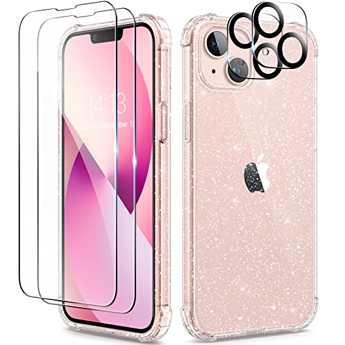 BERFY 5 in 1 for iPhone 13 Case Glitter, with 2X Screen Protector + 2X Camera Protector, [Not Yellowing] Sparkly Bling Shockproof Hard Back Slim Protective Phone Cover for Women, 6.1" (Glitter Clear)