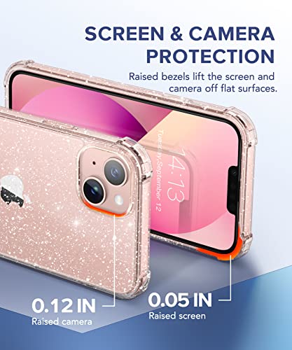 BERFY 5 in 1 for iPhone 13 Case Glitter, with 2X Screen Protector + 2X Camera Protector, [Not Yellowing] Sparkly Bling Shockproof Hard Back Slim Protective Phone Cover for Women, 6.1" (Glitter Clear)