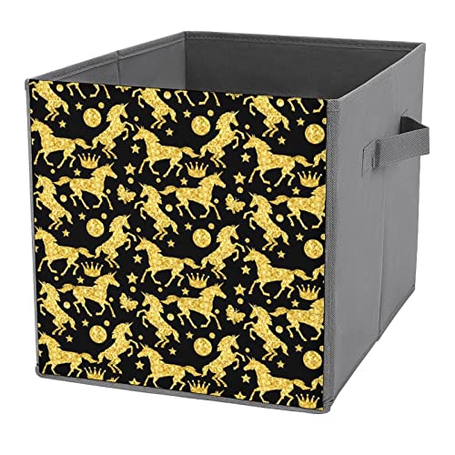 Gold Glitter Unicorns Large Cubes Storage Bins Collapsible Canvas Storage Box Closet Organizers for Shelves