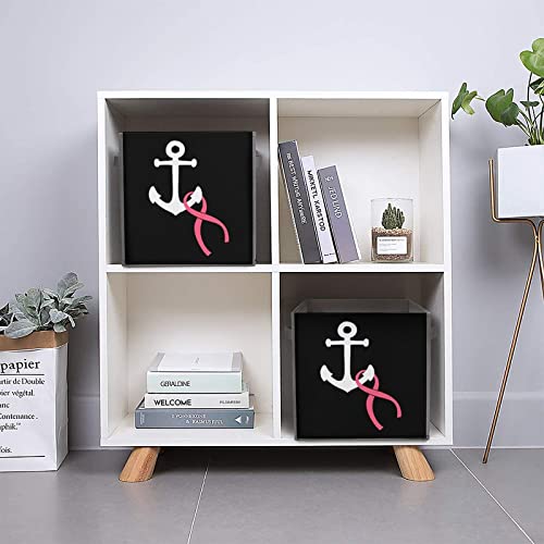 Anchor with Breast Cancer Ribbon Large Cubes Storage Bins Collapsible Canvas Storage Box Closet Organizers for Shelves