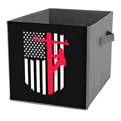 Lineman US Red Line Flag Large Cubes Storage Bins Collapsible Canvas Storage Box Closet Organizers for Shelves