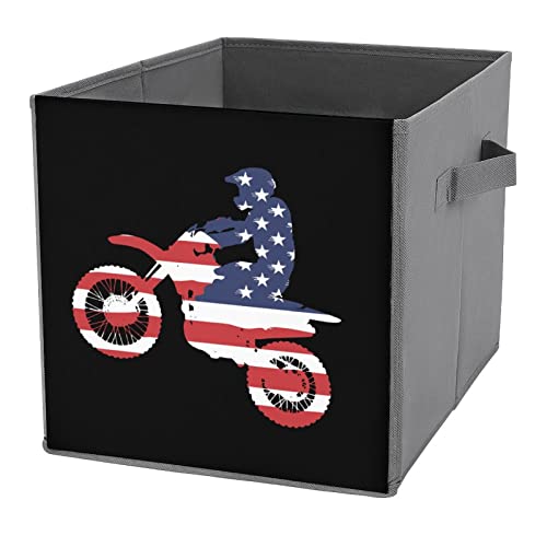 US Flag Dirtbike Motocross Large Cubes Storage Bins Collapsible Canvas Storage Box Closet Organizers for Shelves