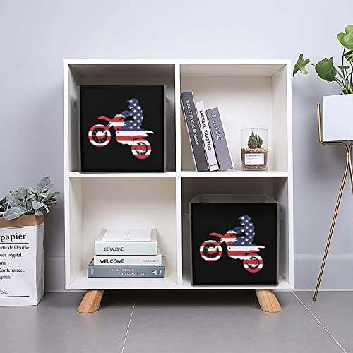 US Flag Dirtbike Motocross Large Cubes Storage Bins Collapsible Canvas Storage Box Closet Organizers for Shelves