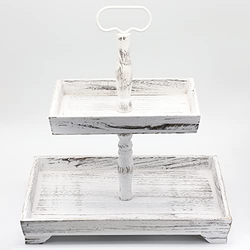 2 Tiered Tray Stand for Decor, Rustic Wooden Farmhouse Decorative Tray for Home Coffee Table Kitchen Counter by Witsbrez (White Wash Rectangle)