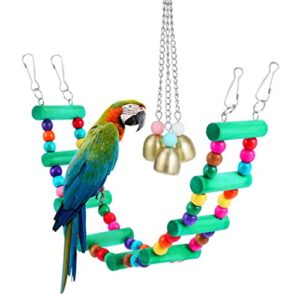 PATKAW 2Pcs Bird Parrot Ladder Toys Wooden Bird Climbing Ladder Bridge Bell Toy Colorful Cage Hanging Swing Chewing Toys for Budgerigar Parakeet Conure Cockatiel Mynah Love Birds