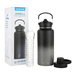 arell wide mouth sports water bottle - leakproof vacuum insulated for hot & cold beverages - double-wall metal canteen with sweatproof straw lid, chug cover, fruit infuser - 32oz midnight