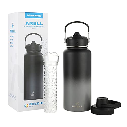 ARELL Wide Mouth Sports Water Bottle - Leakproof Vacuum Insulated for Hot & Cold Beverages - Double-Wall Metal Canteen with Sweatproof Straw Lid, Chug Cover, Fruit Infuser - 32oz Midnight