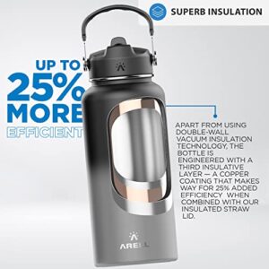 ARELL Wide Mouth Sports Water Bottle - Leakproof Vacuum Insulated for Hot & Cold Beverages - Double-Wall Metal Canteen with Sweatproof Straw Lid, Chug Cover, Fruit Infuser - 32oz Midnight