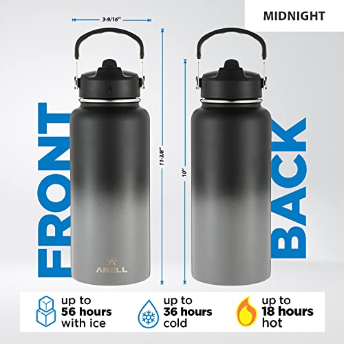 ARELL Wide Mouth Sports Water Bottle - Leakproof Vacuum Insulated for Hot & Cold Beverages - Double-Wall Metal Canteen with Sweatproof Straw Lid, Chug Cover, Fruit Infuser - 32oz Midnight