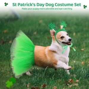 2pcs St. Patrick's Day Dog Outfit, Green Puppy Tutu Skirt & Shamrock Headband, Adorable Holiday Dog Costume Garment Set for St. Patrick's Day Decorations, Party Favors