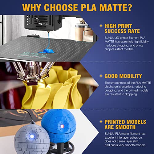 SUNLU 3D Printer Filament PLA Matte 1.75mm, Neatly Wound Filament, Smooth Matte Finish, 1kg Spool (2.2lbs), 330 Meters, Matte Black& Blue