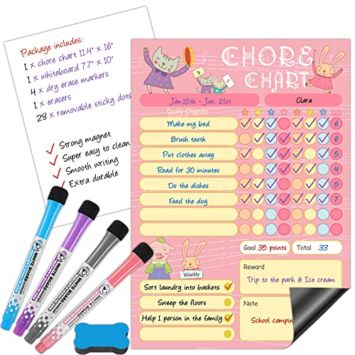 Nardo Visgo Reusable Kid Chore Chart Reward Chart, Easy Way to Motivate Your Kids Develop Good Behavior, Magnetic Dry Erase Responsibility Training Chart for Kids Children, with 4 Markers and Eraser