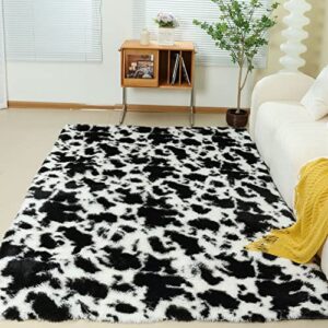 faux fur black white cow print fluffy area rug ultra soft non shedding mats for kids kids room dorm office geometric decor carpet 6.6'x5.3'ft